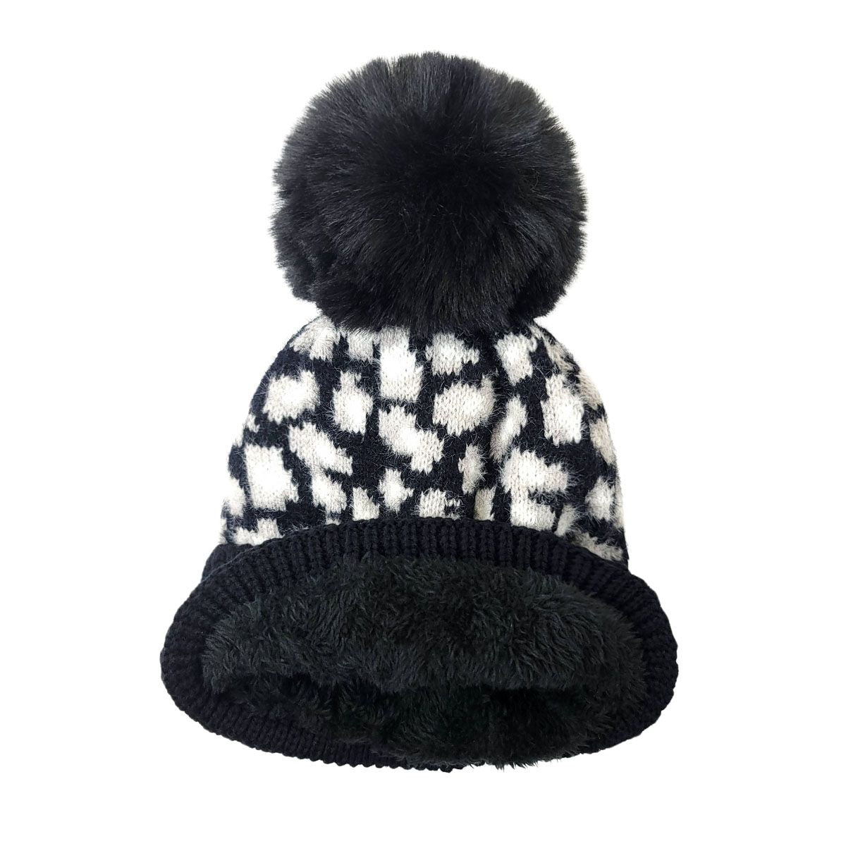 Fashion Pom Knit Toque - Black with White Leopard pattern - OSFA