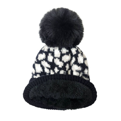 Fashion Pom Knit Toque - Black with White Leopard pattern - OSFA