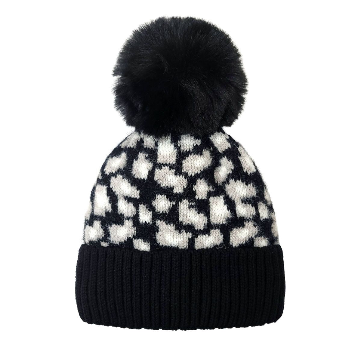 Fashion Pom Knit Toque - Black with White Leopard pattern - OSFA