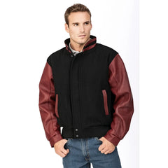 Black and maroon varsity jacket with rib knit details, ideal for press enter return options
