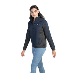 Woman wearing navy and black hybrid jacket from L04101 Observer Ladies Hybrid Jacket