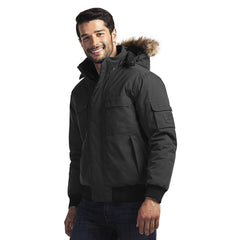 Black Hooded Winter Bomber Jacket with Detachable Hood for Cold Weather Conditions