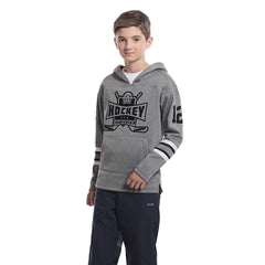 Gray hockey-themed hoodie with hockey lace and kangaroo pocket, perfect for youth.