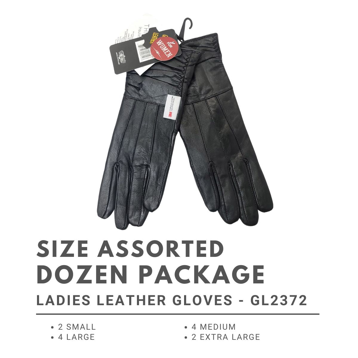 Ladies Leather Gloves - GL2372 Genuine 3 Sizes - Dozen Package - S 2, M 4, L XL 2