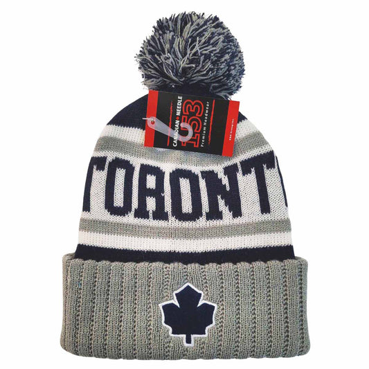 TORONTO Pom Knit Toque - Grey with Navy Jacquard Toronto Leaf Felt Patch on Cuff KW1902GYNV - OSFA - Logo