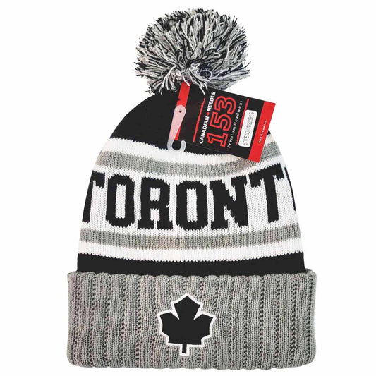 TORONTO Pom Knit Toque - Grey with Black Jacquard Toronto Leaf Felt Patch on Cuff KW1902GYBK - OSFA - Logo