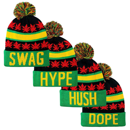 Leaves Pom Knit Toque - SWAG HYPE HUSH DOPE Wordmark - Logo