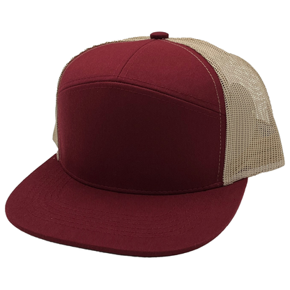 GNV-7005M - 7 Panels Mesh Flat Bill Cap - Maroon Khaki / One Size - CAPS