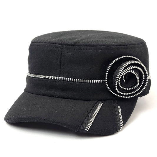 Cadet Cap - Flower Decor with Zipper CD601 Black - OSFA