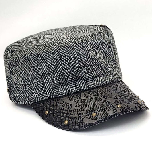 Cadet Cap - Herringbone PU Leather Visor BS3889 Black & Brown - OSFA