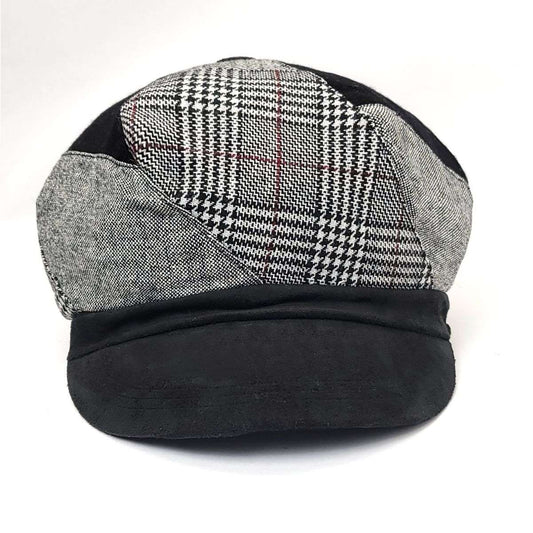 Newsboy Hat - Patched Grey with Black Suede Visor - OSFA