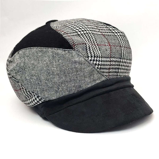Newsboy Hat - Patched Grey with Black Suede Visor - OSFA