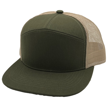 GNV-7005M - 7 Panels Mesh Flat Bill Cap - Olive Khaki / One Size - CAPS