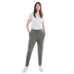 Olive green French terry performance jogger with drawstring waistband, add to cart button