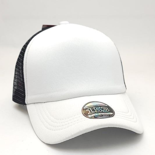 Trucker Cap - 153 5 Panel Black & Black/White Adjustable - OSFA / White - Plain