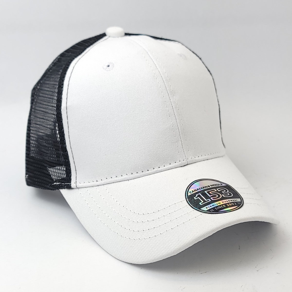 Trucker Cap - 153 Cotton Structured Black Mesh Adjustable - OSFA / & White - Plain