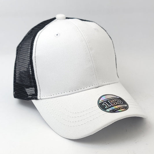 Trucker Cap - 153 Cotton Structured Black Mesh Adjustable - OSFA / & White - Plain
