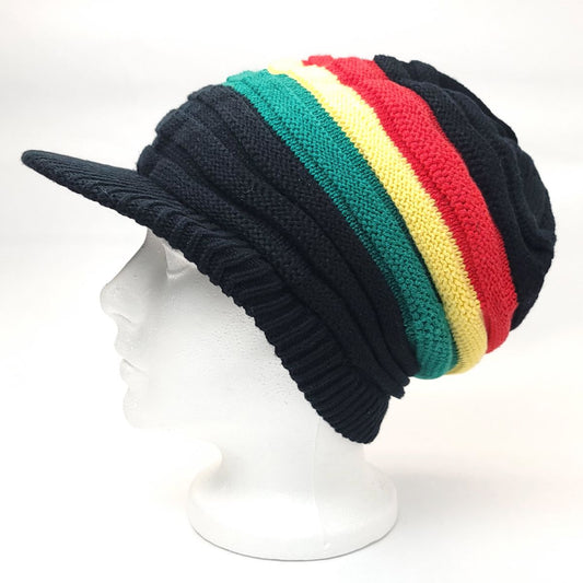 RASTA Knitted Visor Beanie-RV0002RYG Cotton OSFA - Black / Rasta Beanie