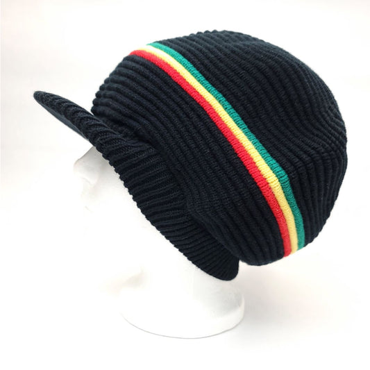 RASTA Knitted Visor Beanie-RV0014 Cotton OSFA - Black / Rasta Beanie