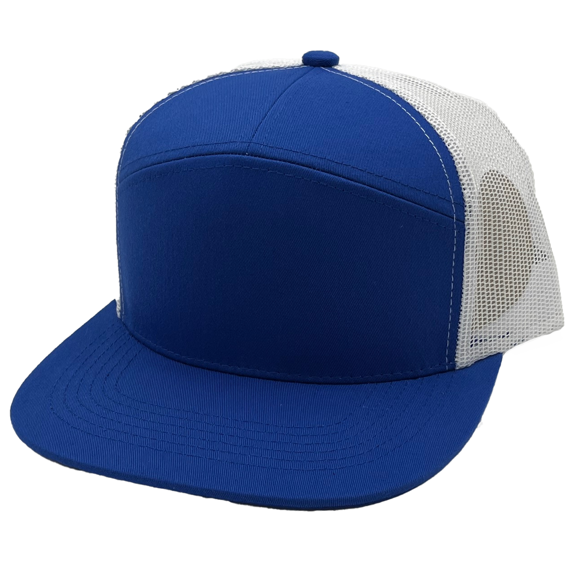 GNV-7005M - 7 Panels Mesh Flat Bill Cap - White Royal / One Size - CAPS