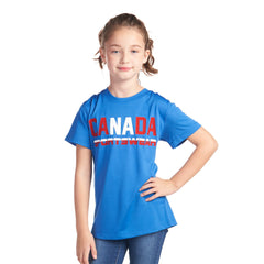 Blue youth crew neck polyester tee with Canada text, model s5935y, ideal for cart button display