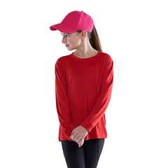 Girl’s red long-sleeve Shore youth performance T-shirt with press enter return design