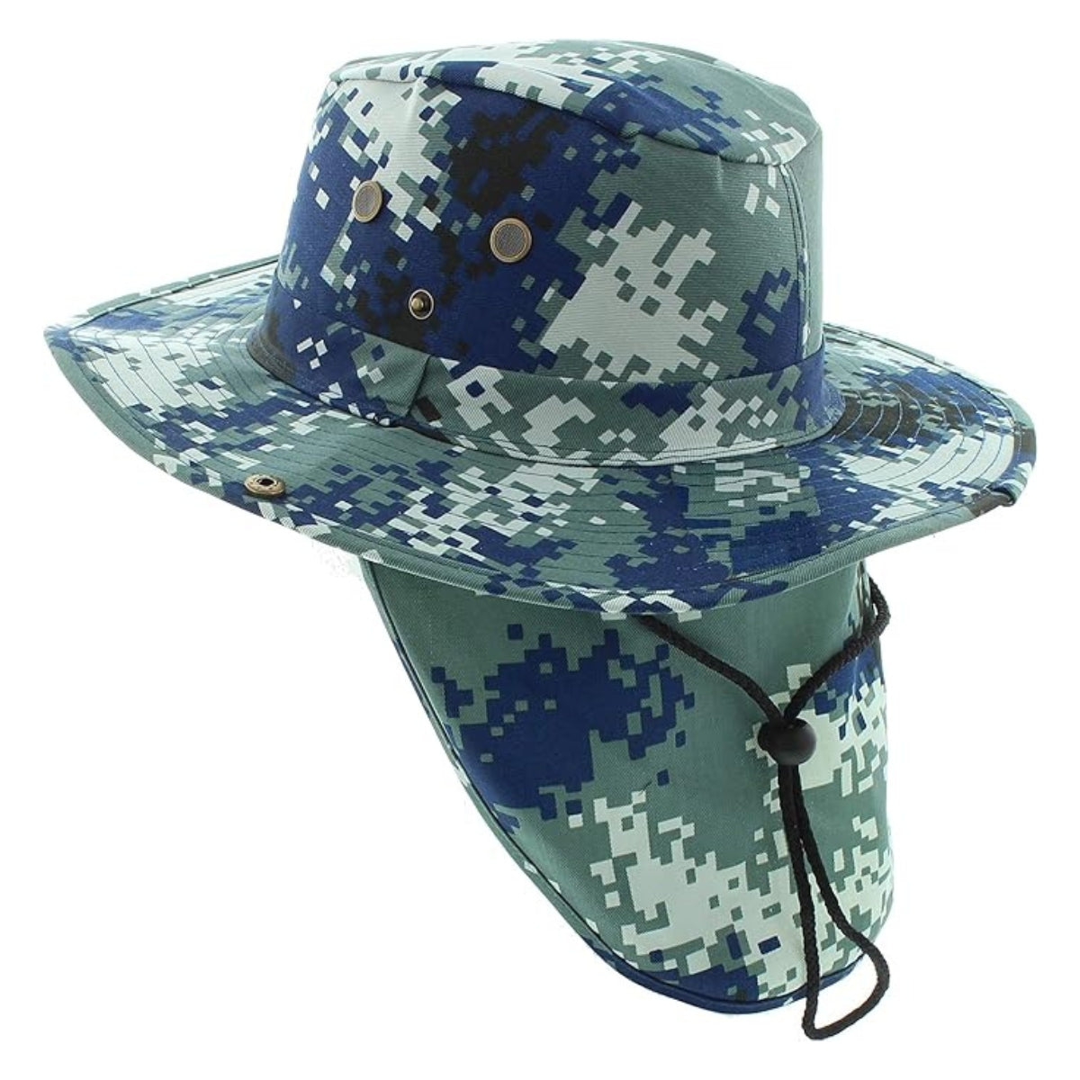 Safari Hat with Neck Cover Solid Various Colours & Sizes - Digital Blue Camo / Small