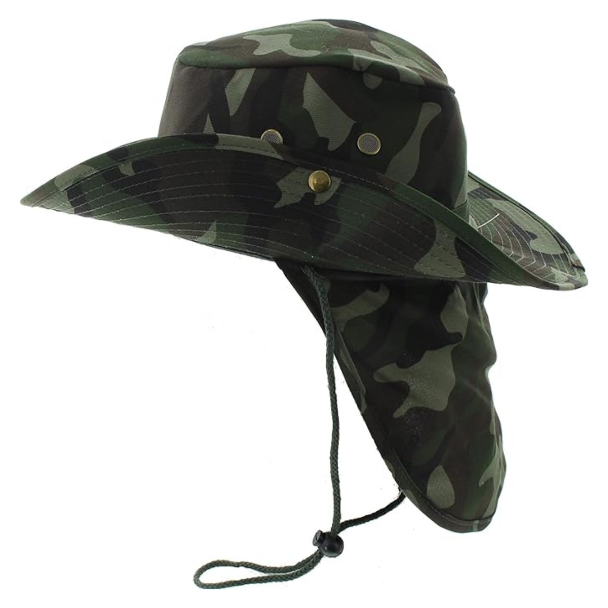 Safari Hat with Neck Cover Solid Various Colours & Sizes - Green Camo / Small