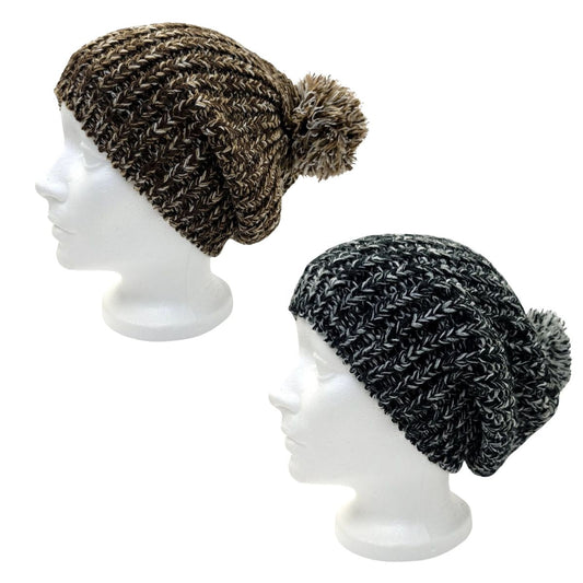 Slouchy Pom Beanie - Brown & Black - Fashion Knit