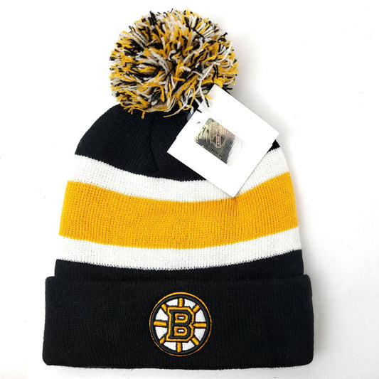 Boston Bruins Pom Knit Toque - BA Black with Yellow & White Stripe - OSFA - NHL