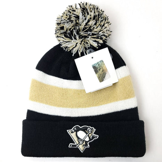 Pittsburgh Penguins Pom Knit Toque - BA Black with Gold & White Stripe - OSFA - NHL