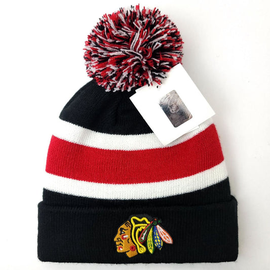 Chicago Blackhawks Pom Knit Toque - BA Black with Red & White Stripe - OSFA - NHL