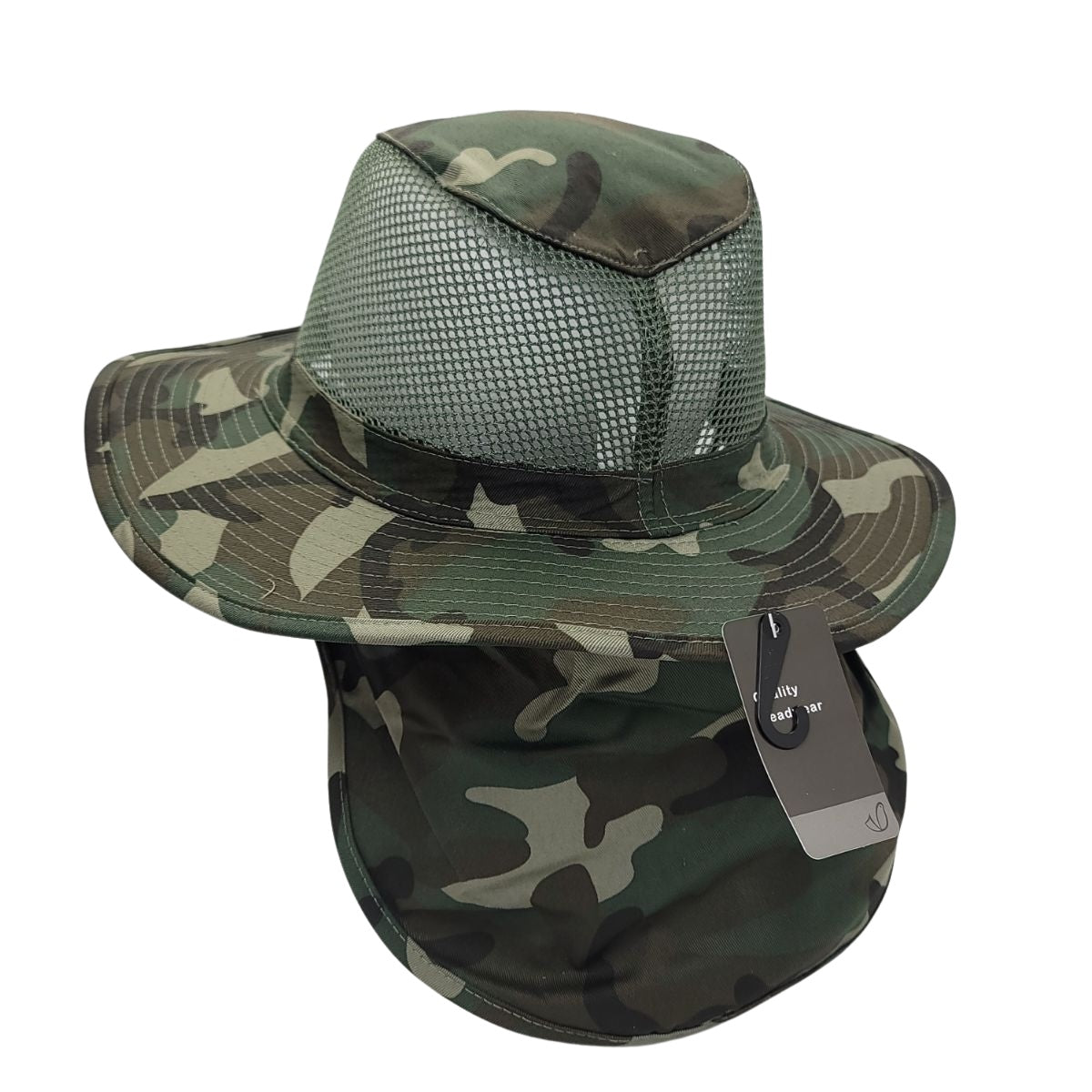 Safari Hat with Neck Cover Mesh Various Colours & Sizes - Green Camo / Small