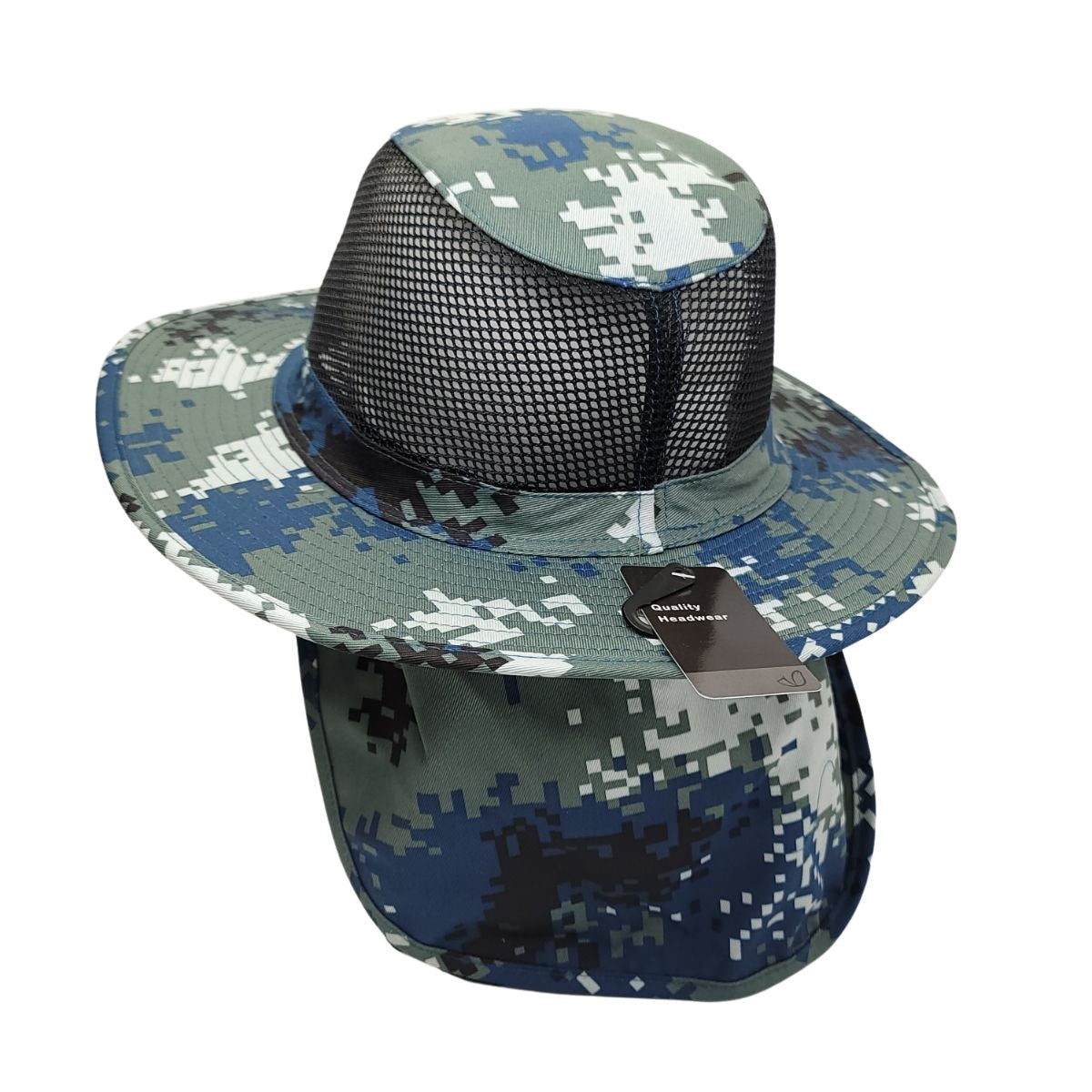 Safari Hat with Neck Cover Mesh Various Colours & Sizes - Digital Blue Camo / Small