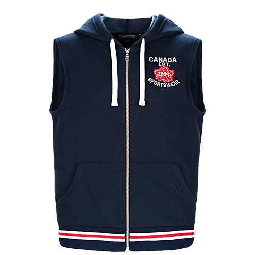 VT156 - Custom Solid vest with hood zip front closure & striped rib knit waist band - Fleece
