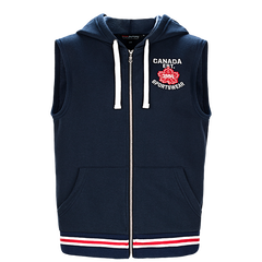 Navy sleeveless zip hooded vest with striped rib knit waist band, ideal for your cart button needs