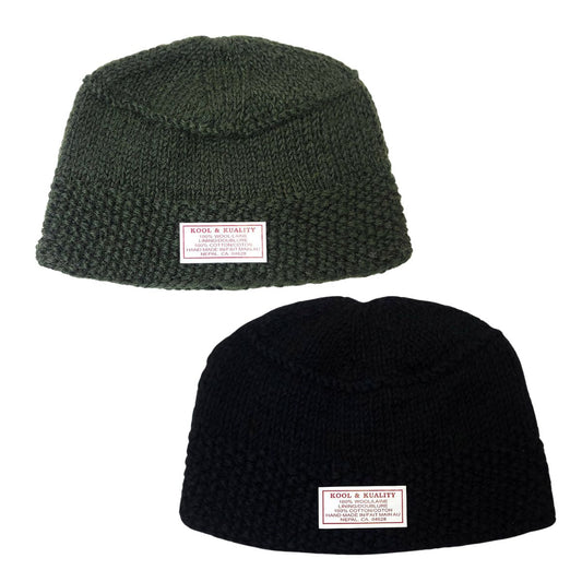 Wool Knit Beanie - Hand Made Olive & Black No Cuff - Fashion
