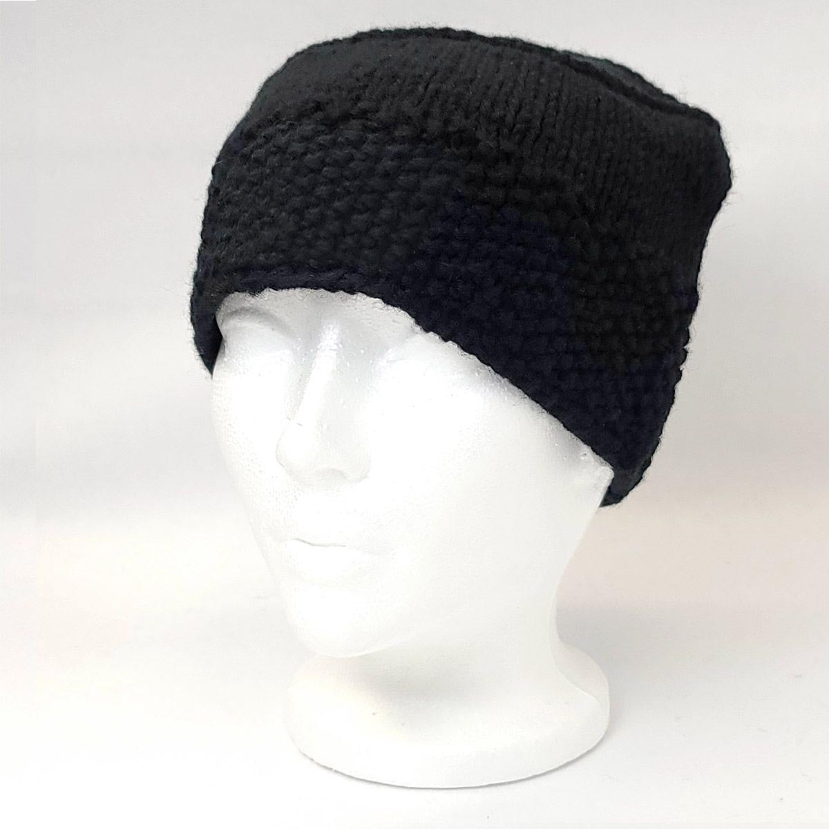 Wool Knit Beanie - Hand Made Olive & Black No Cuff - OSFA - Fashion
