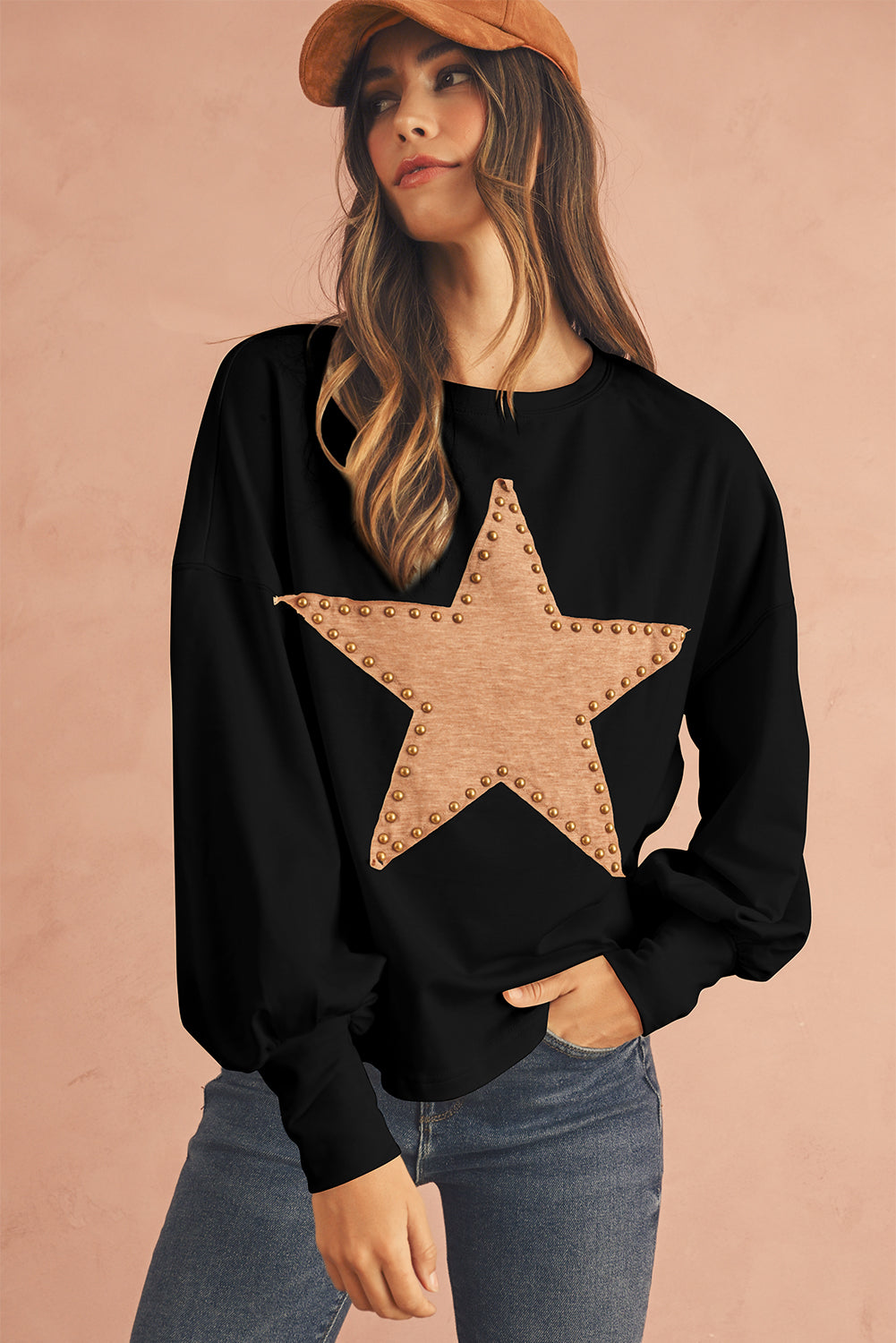 Black Studded Star Graphic Oversized Top