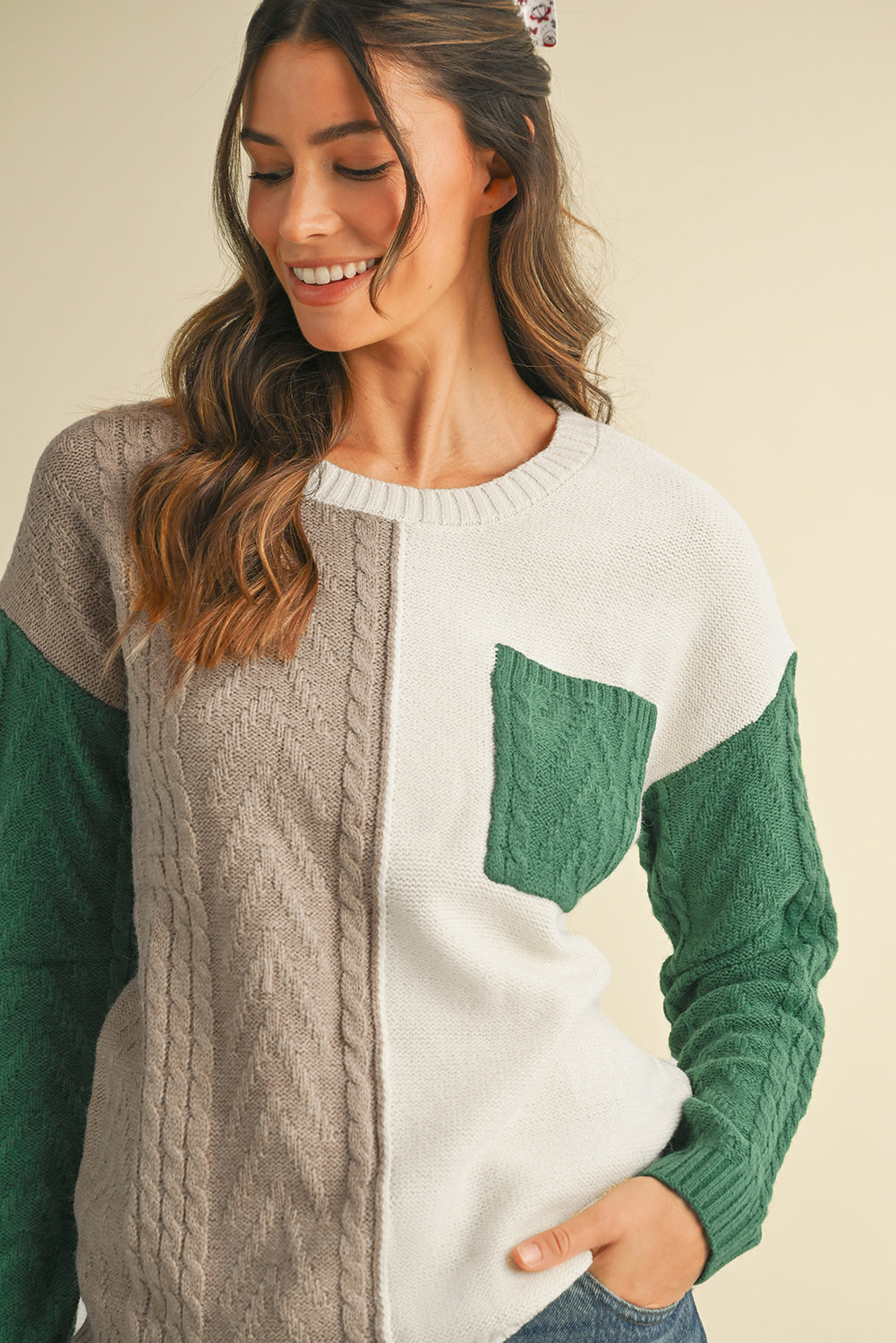 Vineyard Green Colorblock Pocket Drop Shoulder Sweater