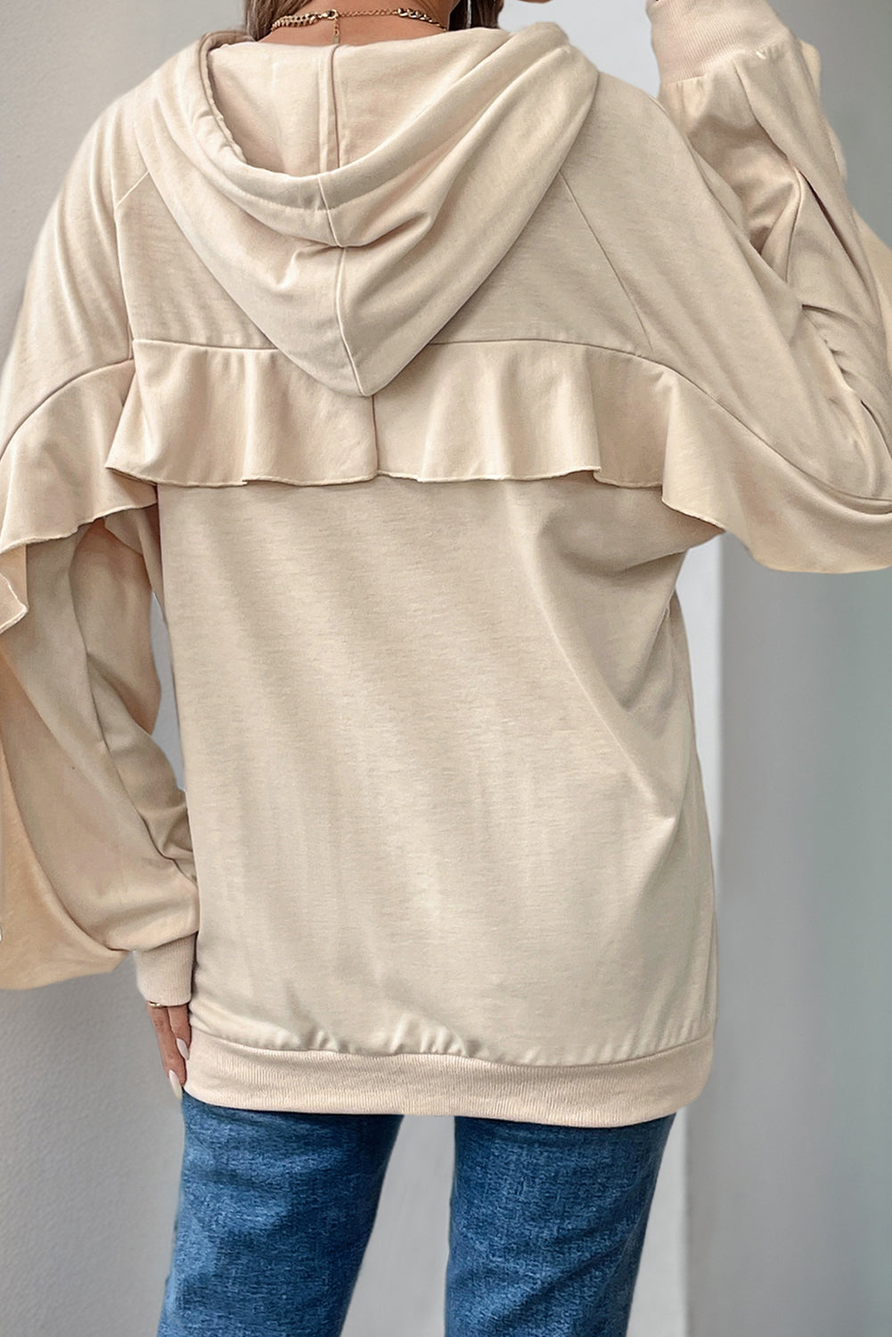 Beige Ruffle Edge Plain Drawstring Hoodie