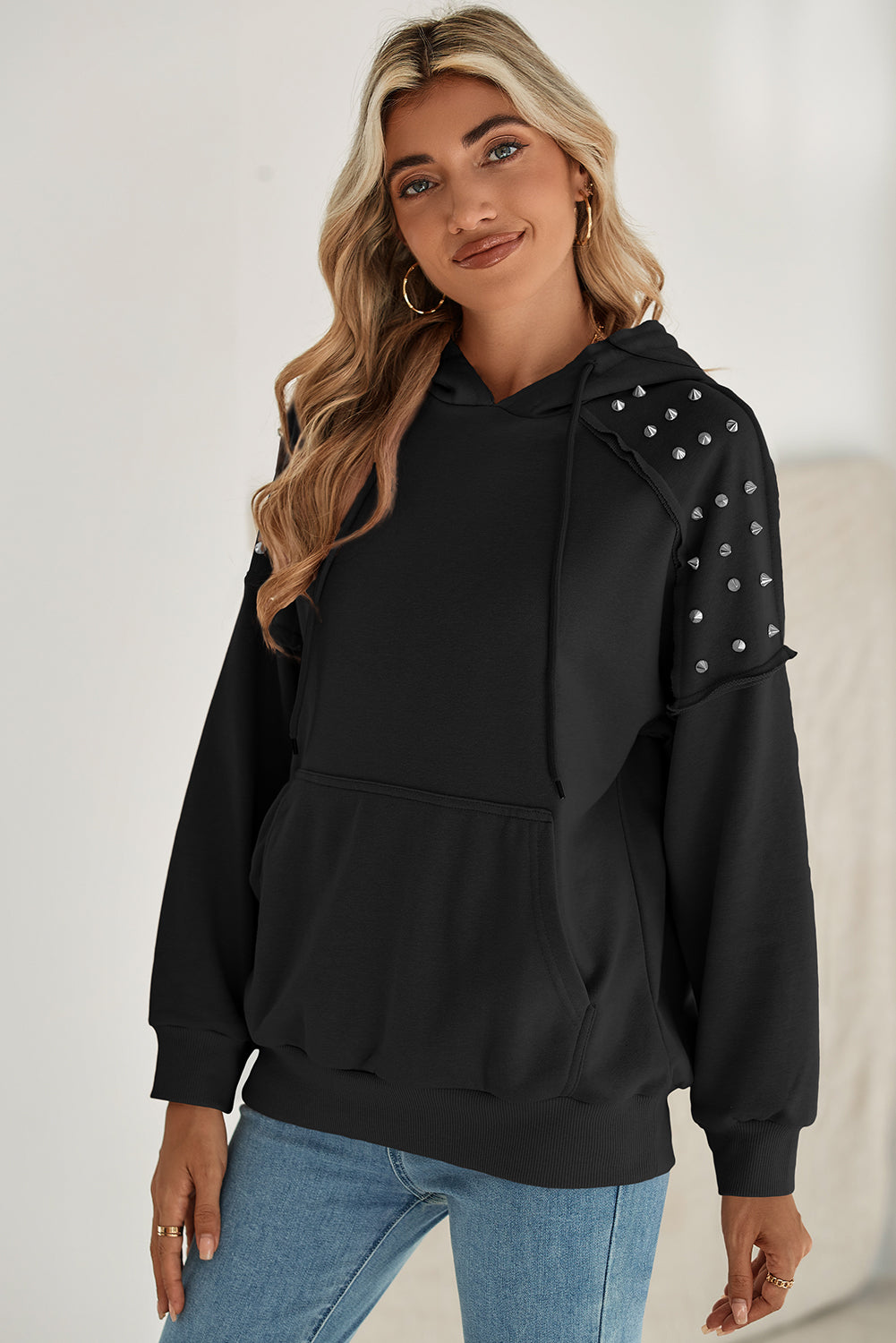 Black Stud Detail Kangaroo Pocket Drawstring Hoodie