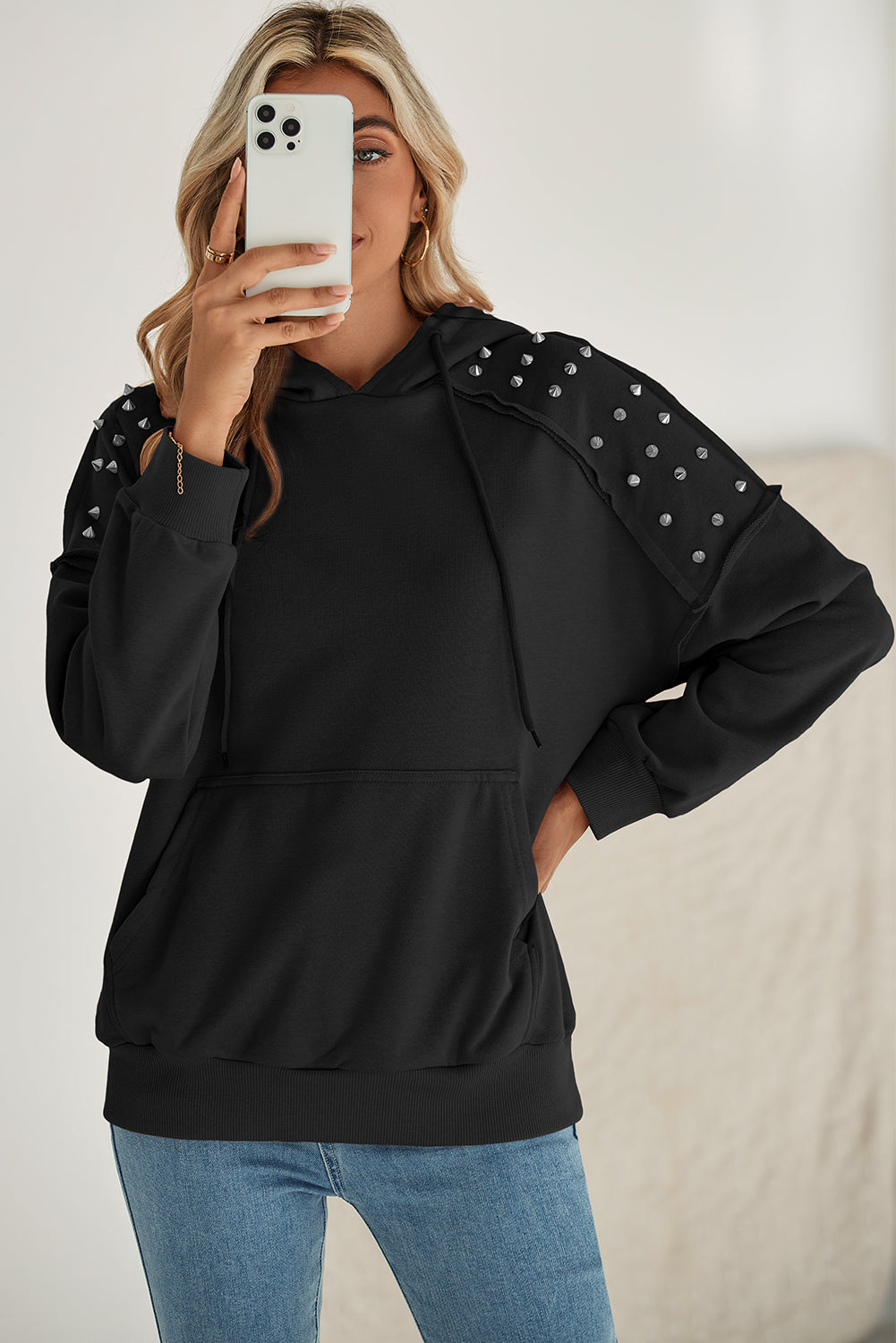 Black Stud Detail Kangaroo Pocket Drawstring Hoodie