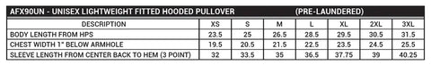Sizing chart for AFX90UN unisex pullover hooded sweatshirt and hooded sweatshirt fits