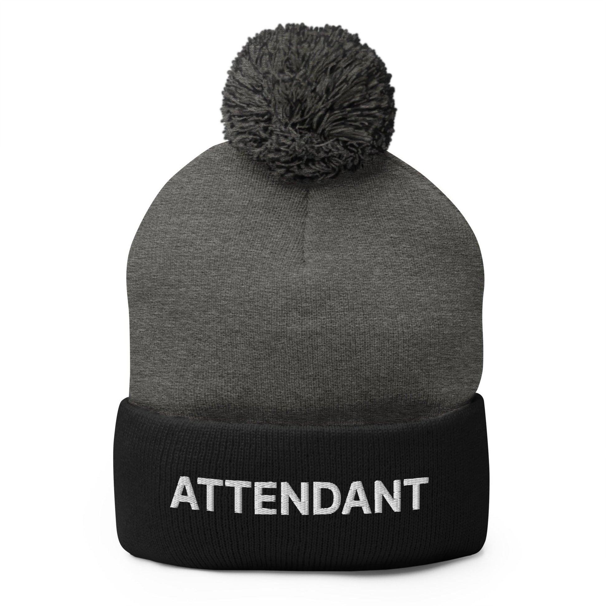 Gray and black attendant uniform embroidered knit pom pom beanie with stylish design