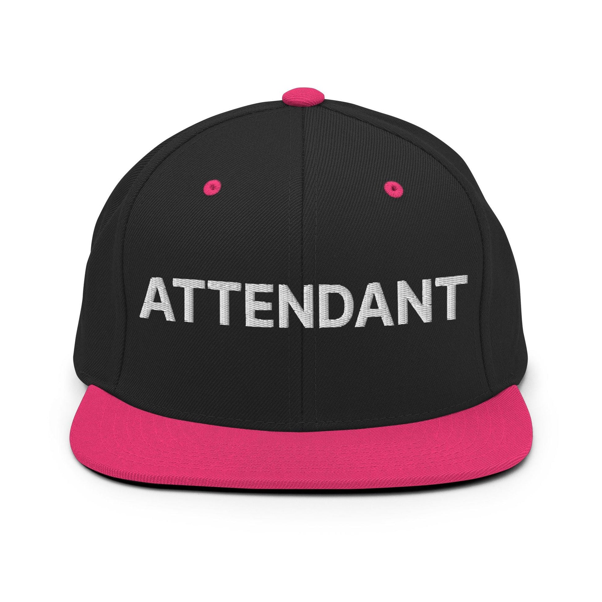 Attendant Uniform Work Embroidered Flat Bill Brim Snapback Hat - Black/ Neon Pink