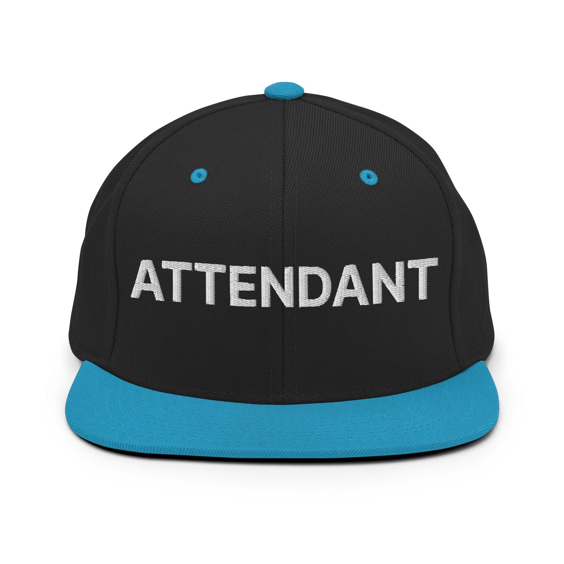 Attendant Uniform Work Embroidered Flat Bill Brim Snapback Hat - Black/ Teal