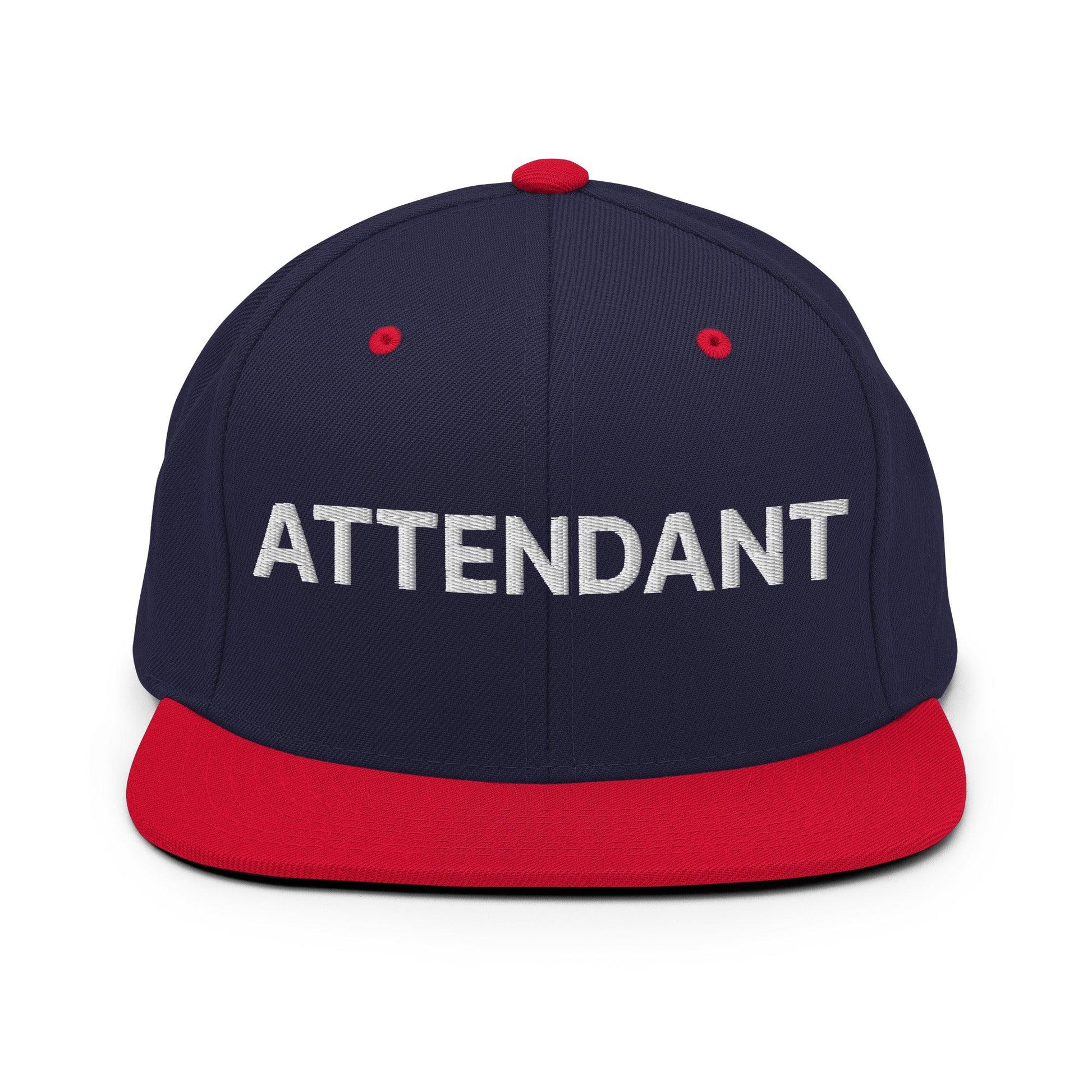 Attendant Uniform Work Embroidered Flat Bill Brim Snapback Hat - Navy/ Red