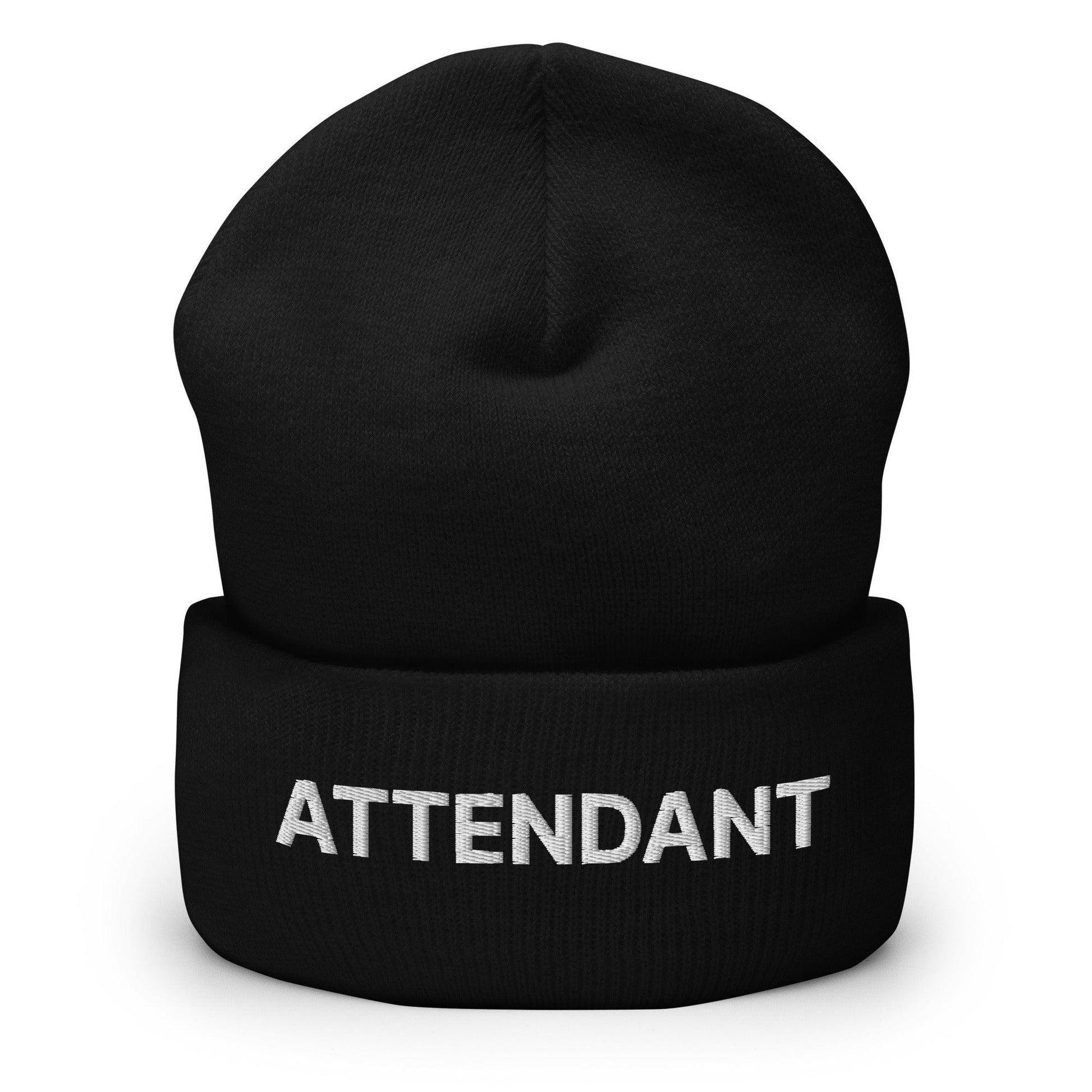 Black attendant uniform work embroidered knit cuffed beanie for professional attire