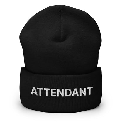 Black attendant uniform work embroidered knit cuffed beanie for professional attire